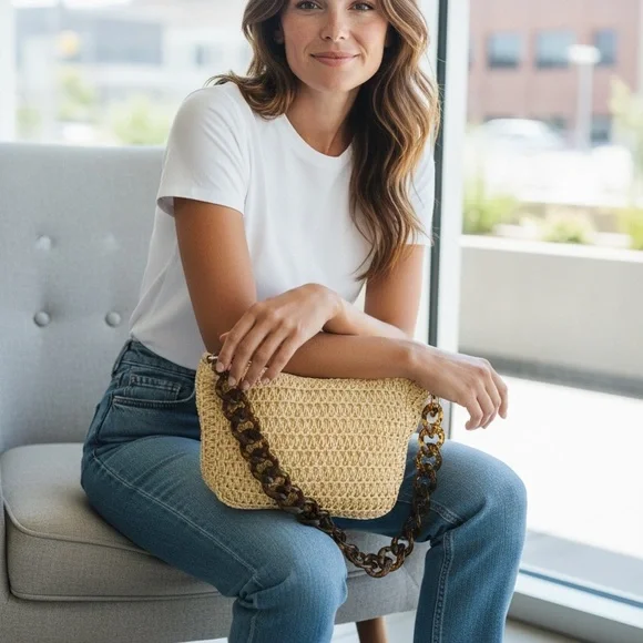 Cream Woven Shoulder Bag with Tortoiseshell Chain - NWOT - Picture 3 of 5